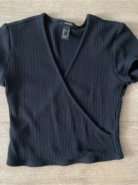 Forever 21 Black Ribbed Wrap-Style Short Sleeve Top - SMALL